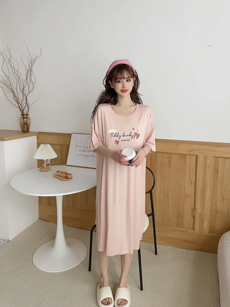 竹纤维【喜鹊松鼠睡裙】四季款短袖长裙带胸垫柔软舒适亲肤透气6223