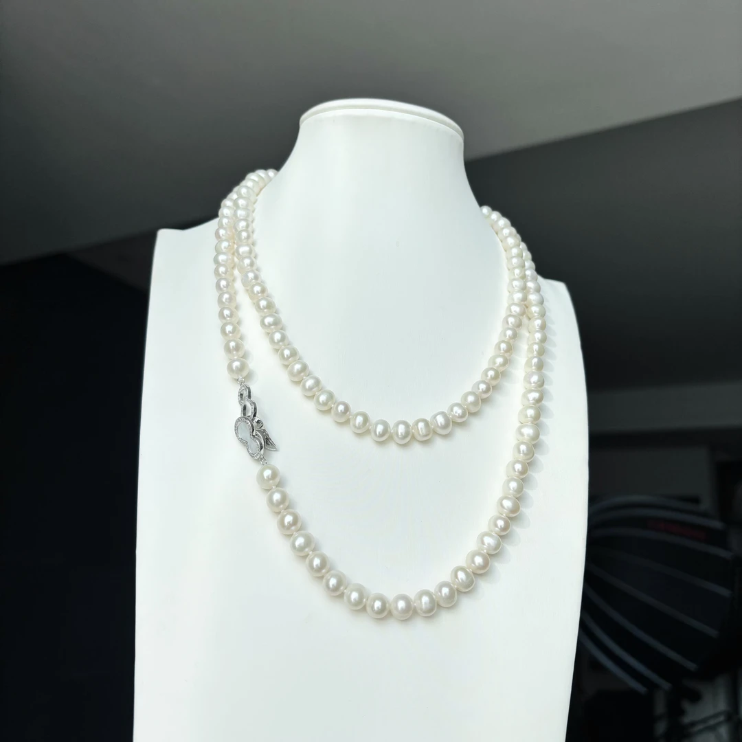 淡水无核珍珠毛衣链（合金扣）110cm左右 7.3-8.3mm