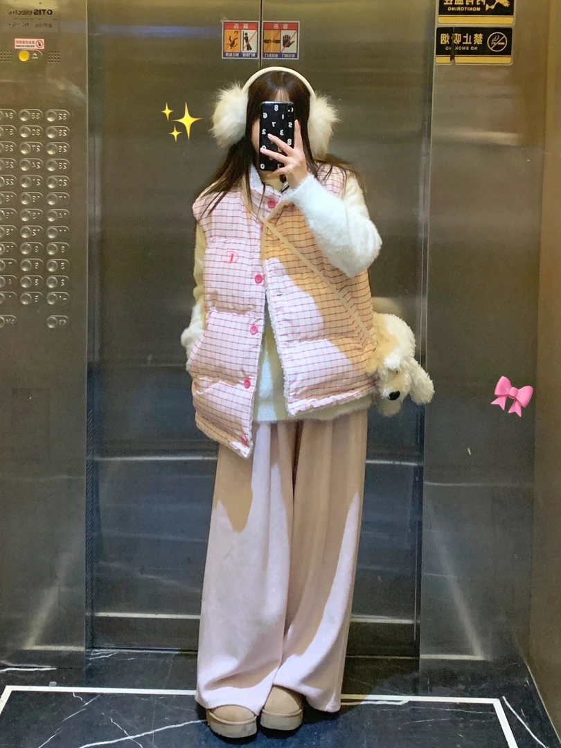 格纹正反两穿夹棉马甲秋冬大码微胖慵懒风甜美印花格子外套