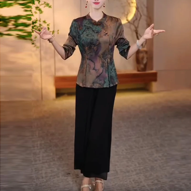 高档中式国风套装2025秋季新款妈妈优雅洋气减龄显瘦阔腿裤两件套