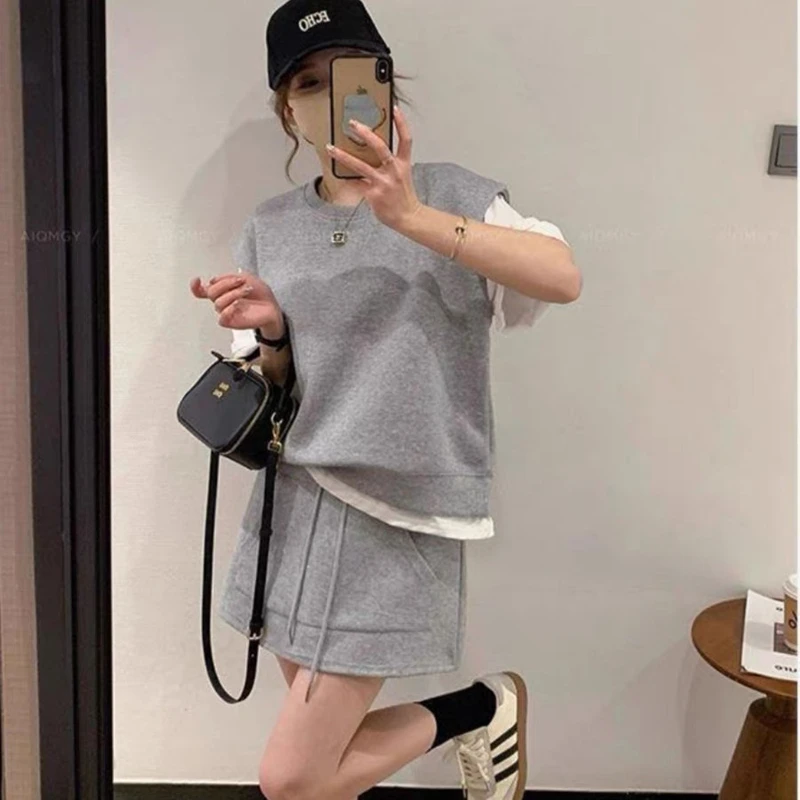 时尚两件套女夏新款假两件短袖插兜半身裙休闲运动减龄套装 2112