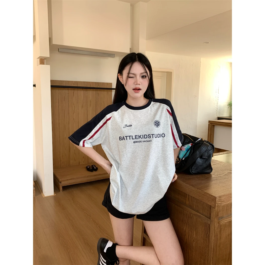 美式复古撞色半袖T恤女2025新款夏季宽松设计感字母印花正肩短袖