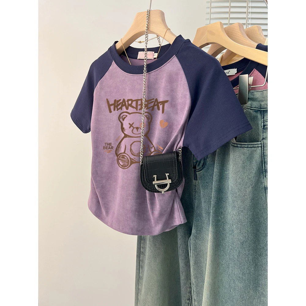 插肩撞色短袖T恤女夏季修身收腰设计感美式复古短款上衣服小个子