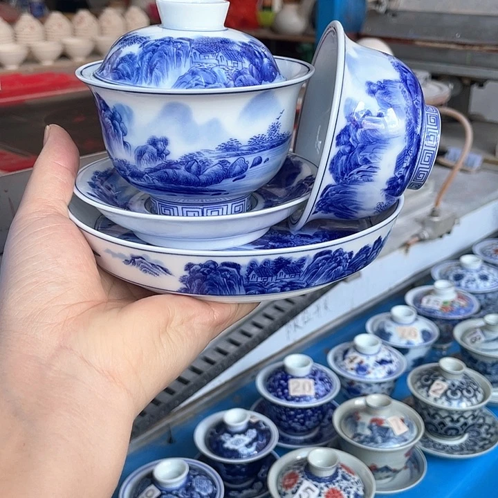 青花釉下彩盖碗杯子壶承