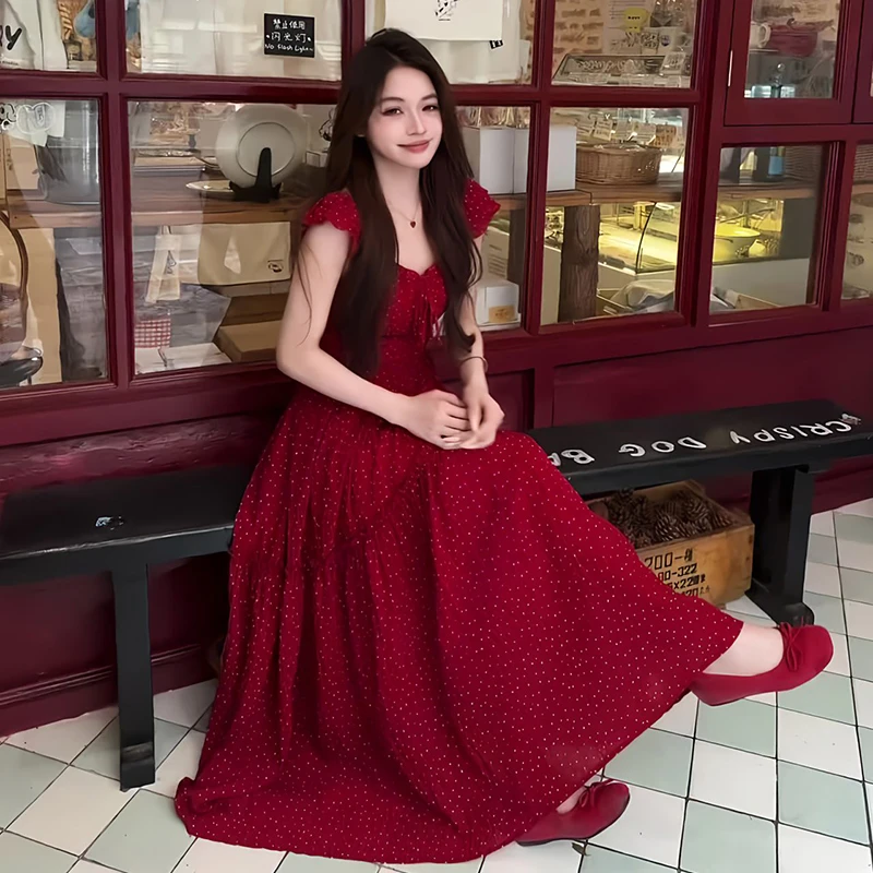 【现货+运补5米】2025新款红色波点小飞袖吊带连衣裙子女夏长裙3621