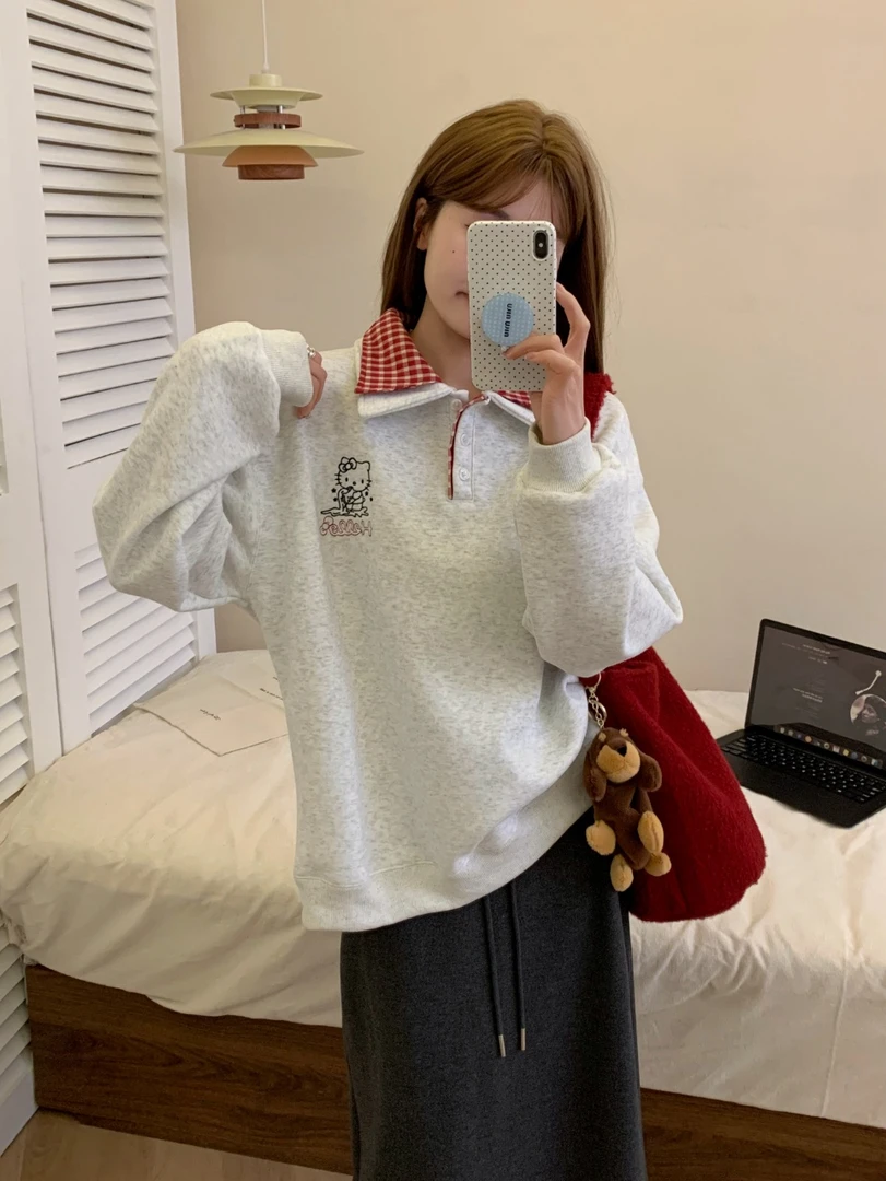 翻领卫衣女2025春季新款长袖假两件韩版猫咪刺绣宽松套头长袖上衣