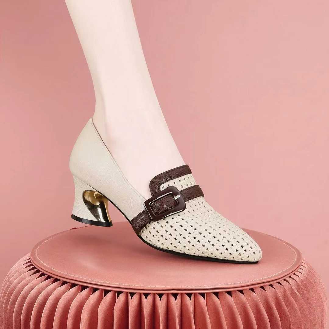 粗跟透气低跟拼色空夏季单鞋皮鞋时尚百搭中跟尖头舒适