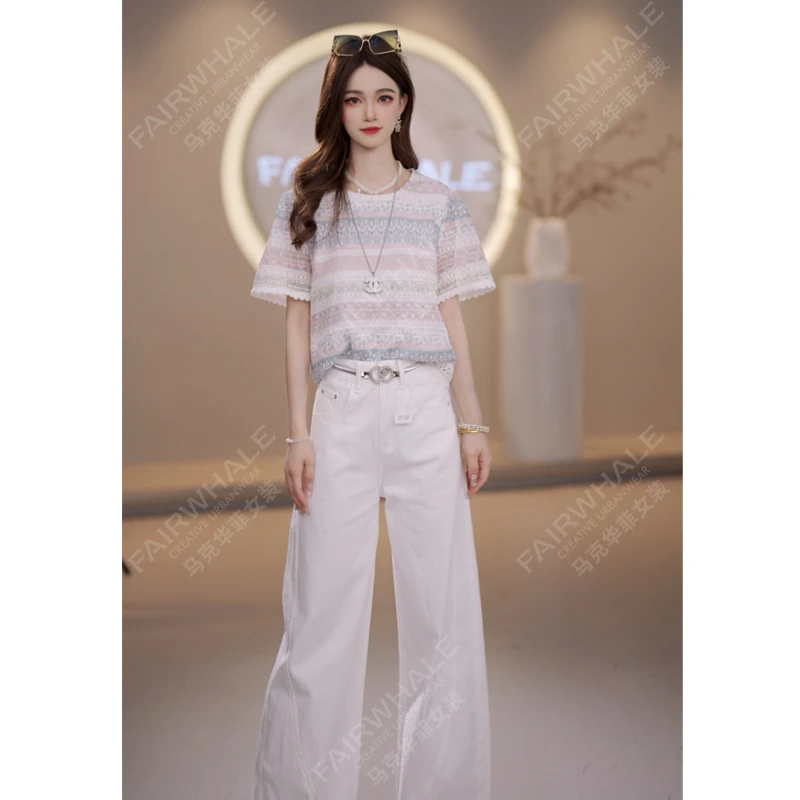 马克华菲女装时尚条纹复古法式小众气质宽松中长款设计感女装T恤