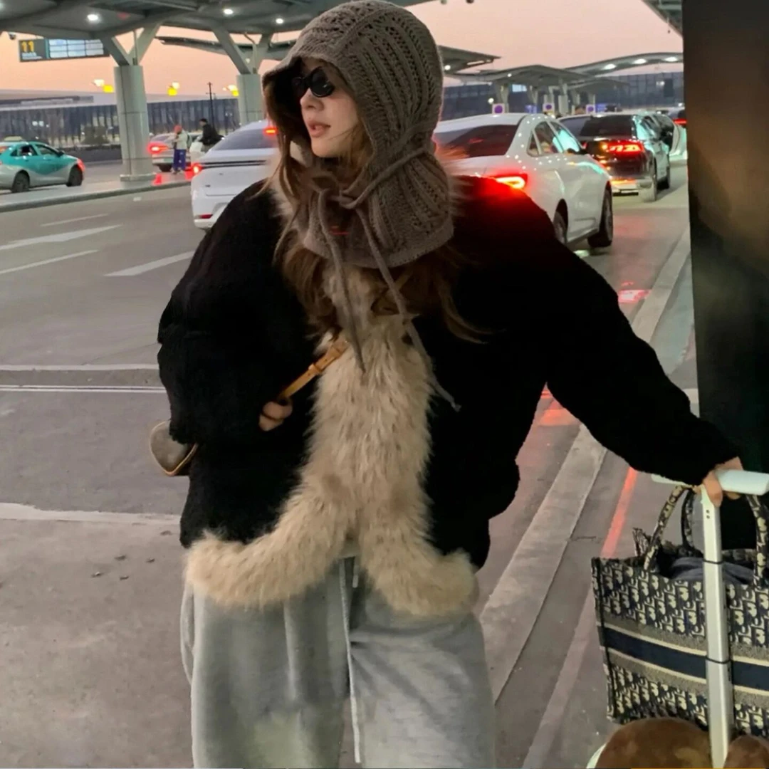 冬季新款仿羊羔毛拼接狐狸毛环保皮草短款加厚保暖气质显瘦外套女