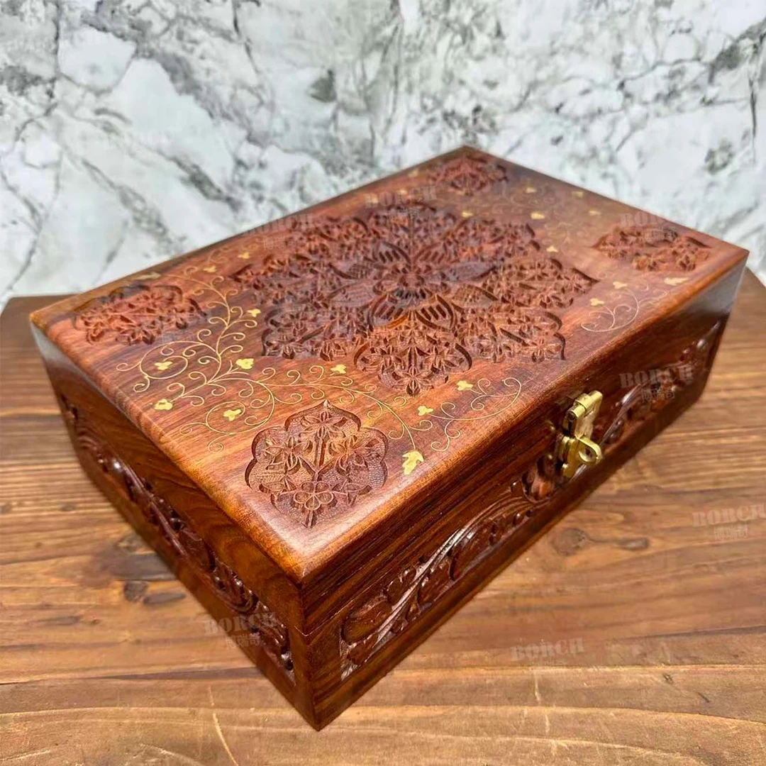 BORCH/博瑞奇纯手工精雕嵌铜黄檀木首饰盒 09799