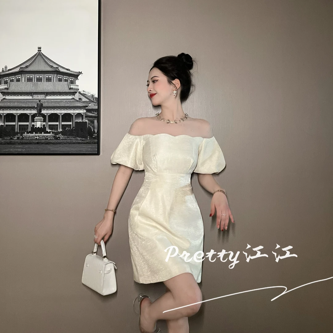 Pretty小众设计师品牌江江定制 小个子泡泡袖一字肩连衣裙21285