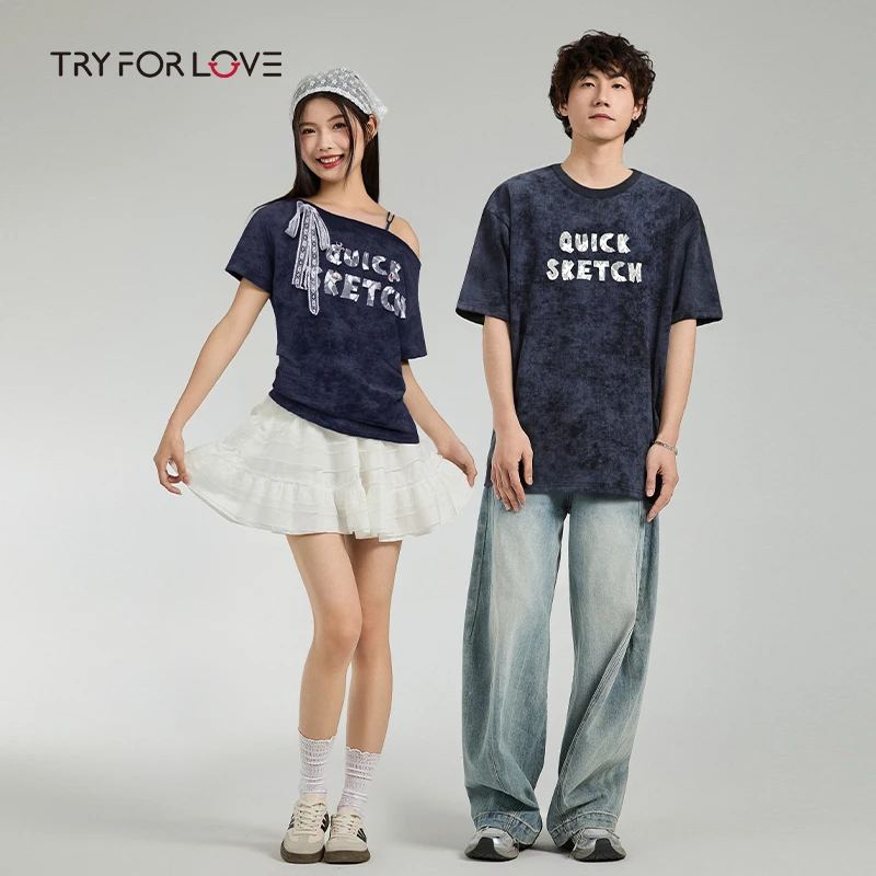TRYFORLOVE做旧通勤印花露肩轻运动风情侣T恤百搭运动可露丽风