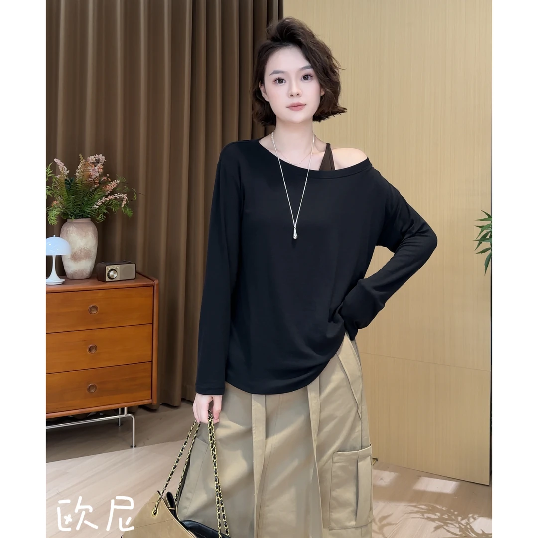 欧尼私服 2025新款【初醒】一字肩领显瘦百搭长袖面膜t恤 2508C4782