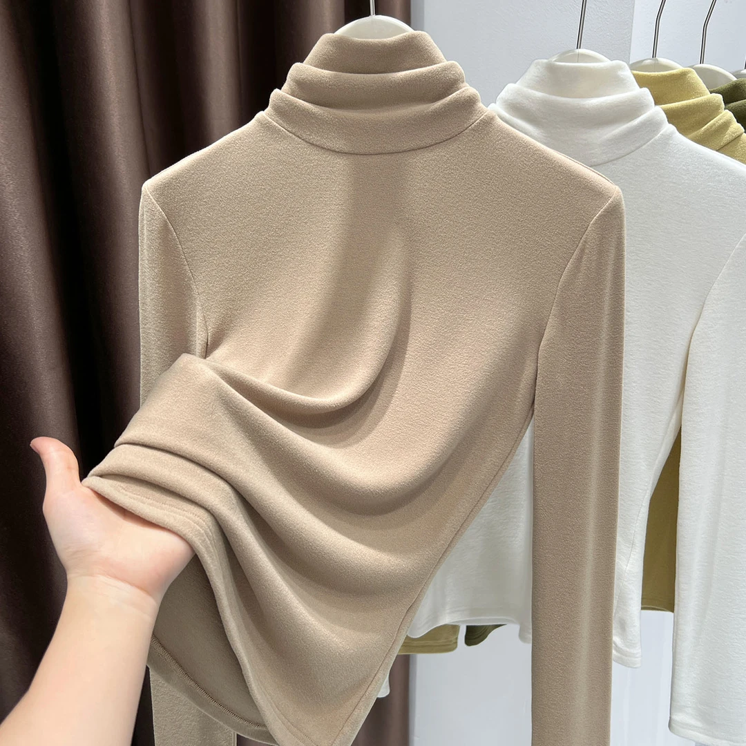 咖色时尚感双面磨毛上衣女秋冬新款堆堆领套头T恤保暖加厚打底衫