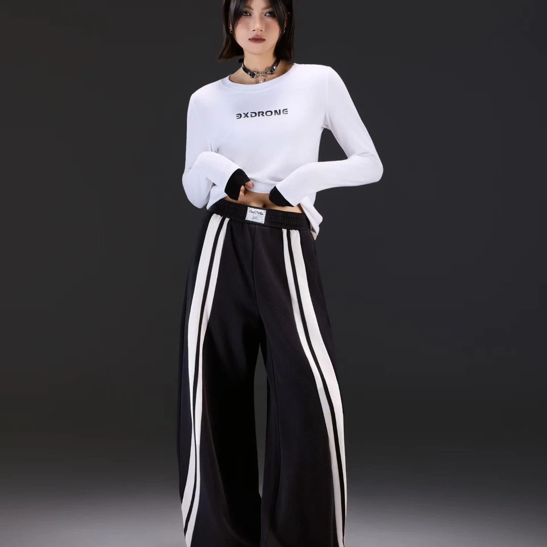 秋冬新款侧边条纹宽松显瘦休闲阔腿长裤