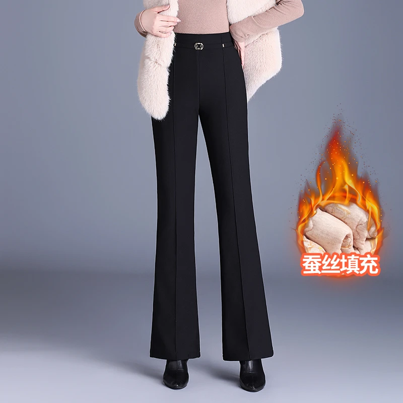 加绒喇叭裤春秋冬季加厚洋气妈妈裤子保暖蚕丝棉裤高腰黑色休闲裤