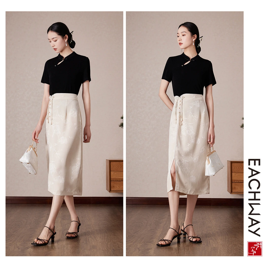 新中式提花钉珠直筒裙春夏国风盘扣中长裙女1E33A20081