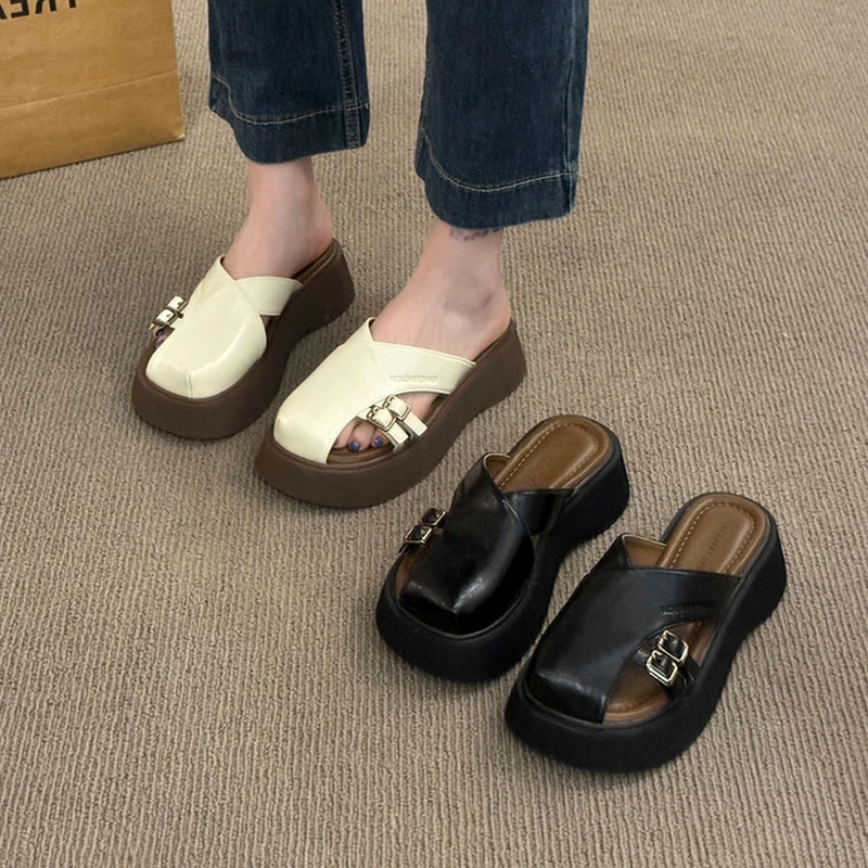 复古包头半拖鞋女夏外穿2025新款超轻便厚底凉拖鞋百搭沙滩罗马鞋