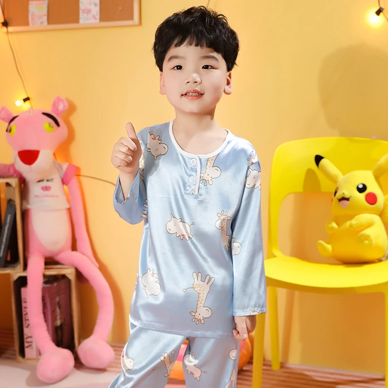 儿童睡衣男童夏季冰丝薄款春秋长袖卡通女童男孩大童宝宝家居服
