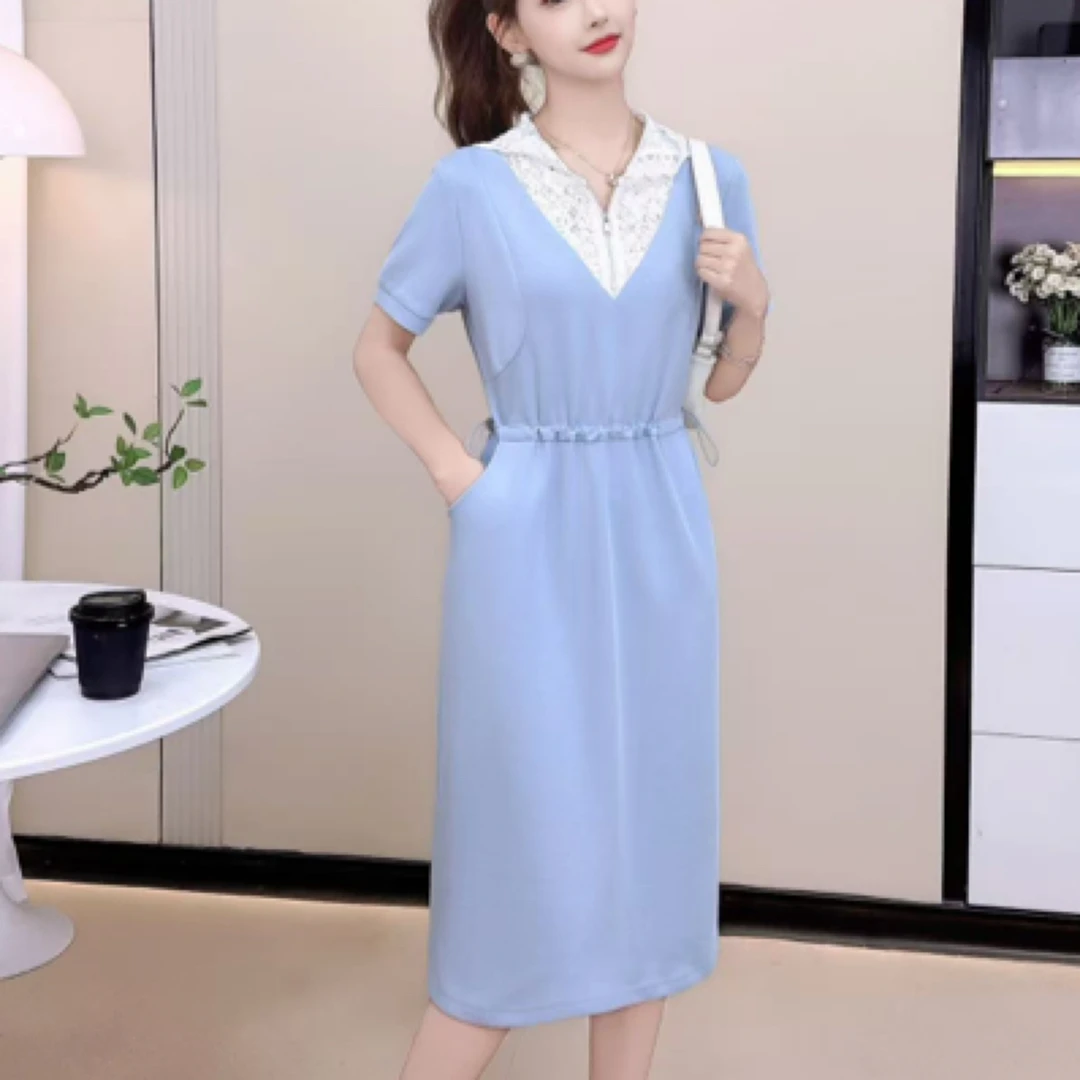 2506#【裙长100】连衣裙夏季新款显瘦裙拼接连帽连衣裙