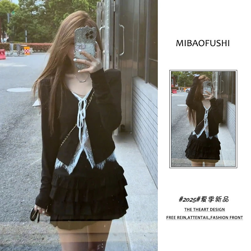 夏季穿搭一整套女装2025年新款韩系蕾丝假两件开衫蛋糕短裙两件套