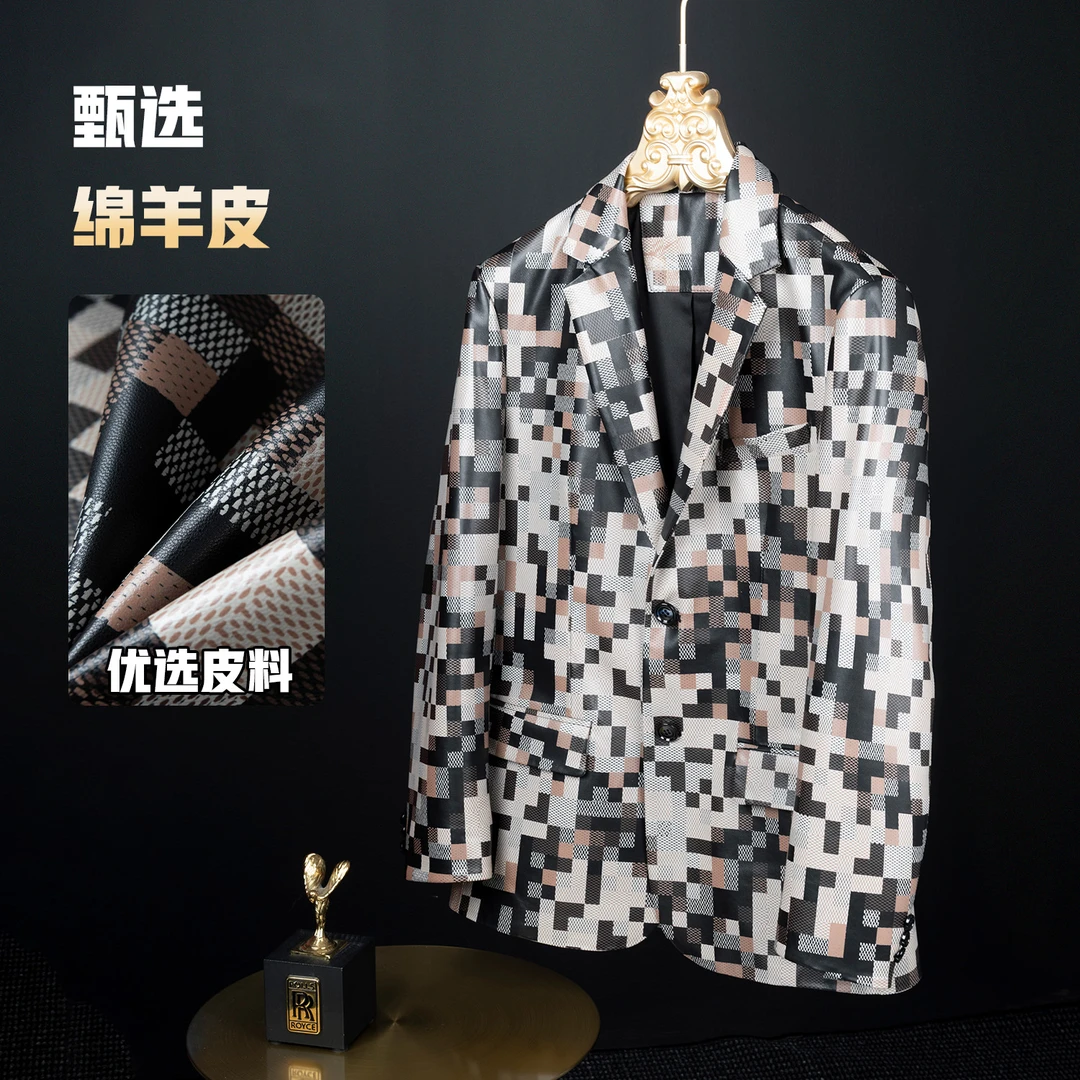 言秋季男装真皮棋盘格平驳领西装外套高端绵羊皮西服YJY2511
