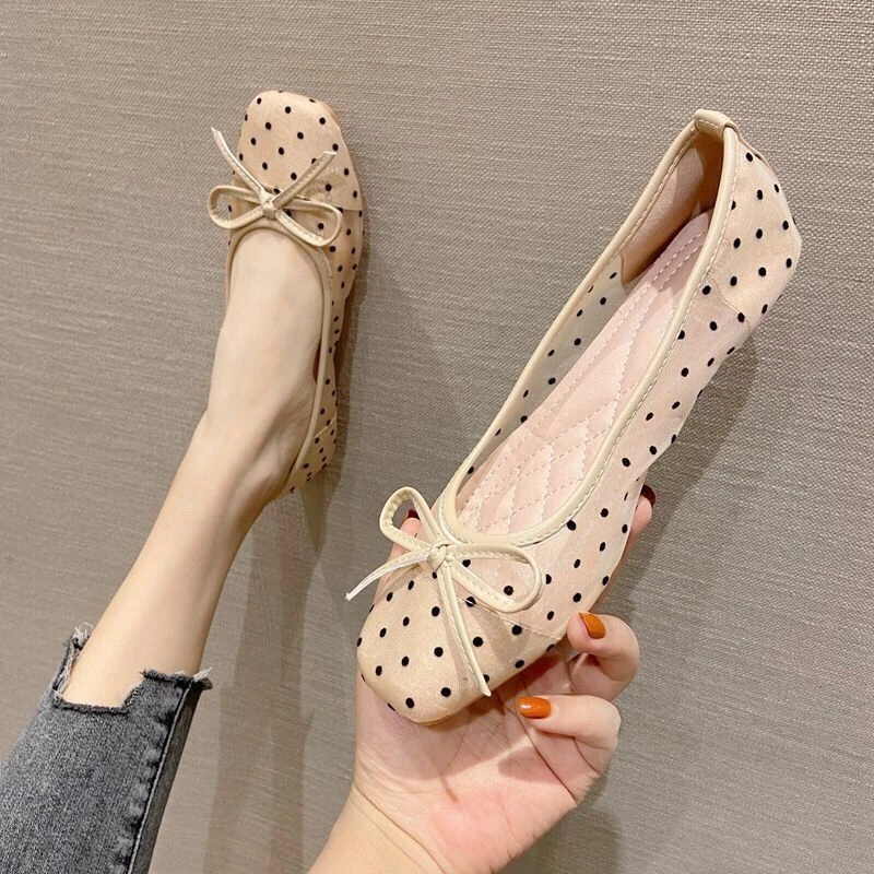 波点网纱仙女鞋夏季新款百搭方头平跟蝴蝶结孕妇鞋豆豆鞋透气单鞋