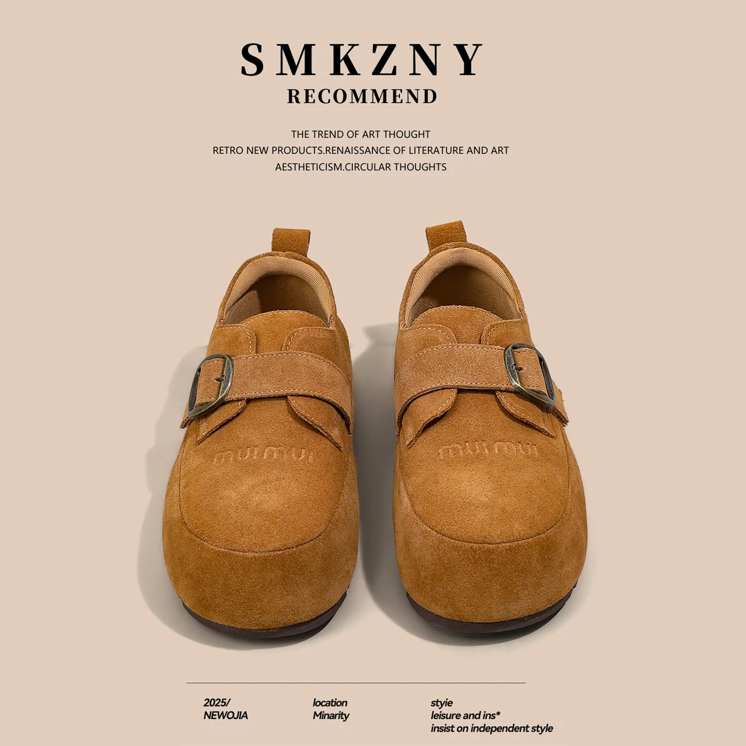 驼色皮带扣全包厚底勃肯鞋女秋冬款2025新款圆头休闲松糕乐福女鞋