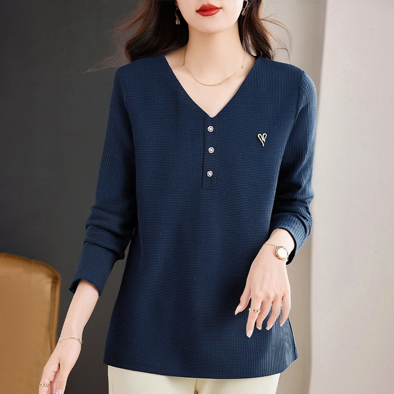 女士新款长袖内搭打底衫女正肩上衣春秋季薄款气质百搭减龄V领T恤