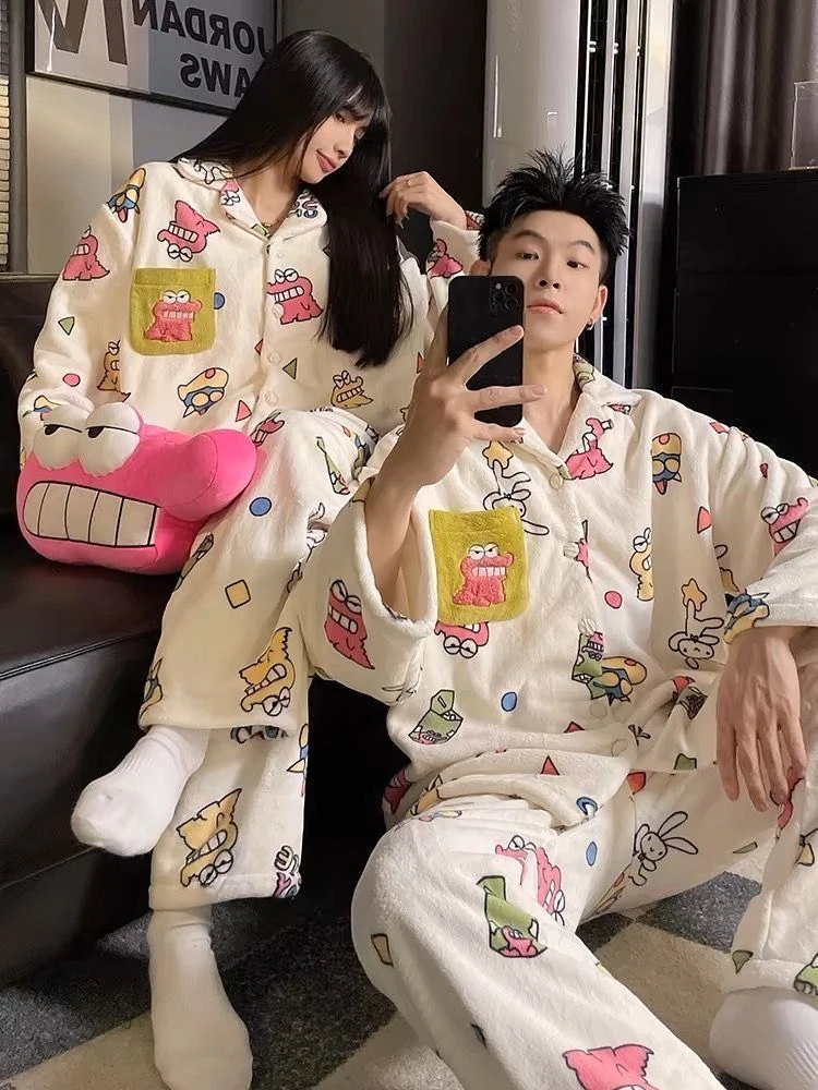 【吖比】珊瑚绒情侣小新睡衣女秋冬季加绒加厚保暖法兰绒可外穿