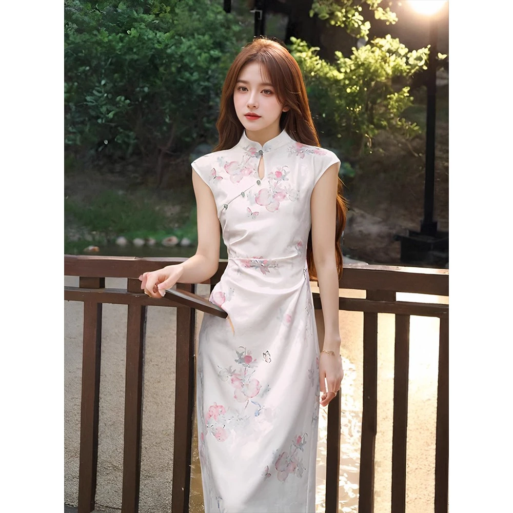 国风新中式绿色显瘦显白旗袍连衣裙女夏季2025短袖长款长裙