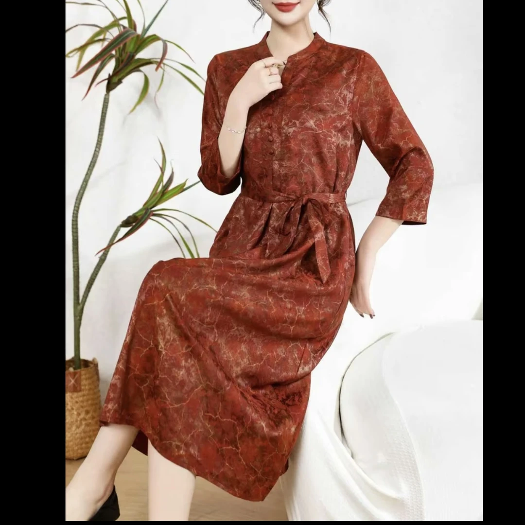 1090【月月专属】Y1669新中式国风扎染花萝真丝连衣裙女A字裙春秋