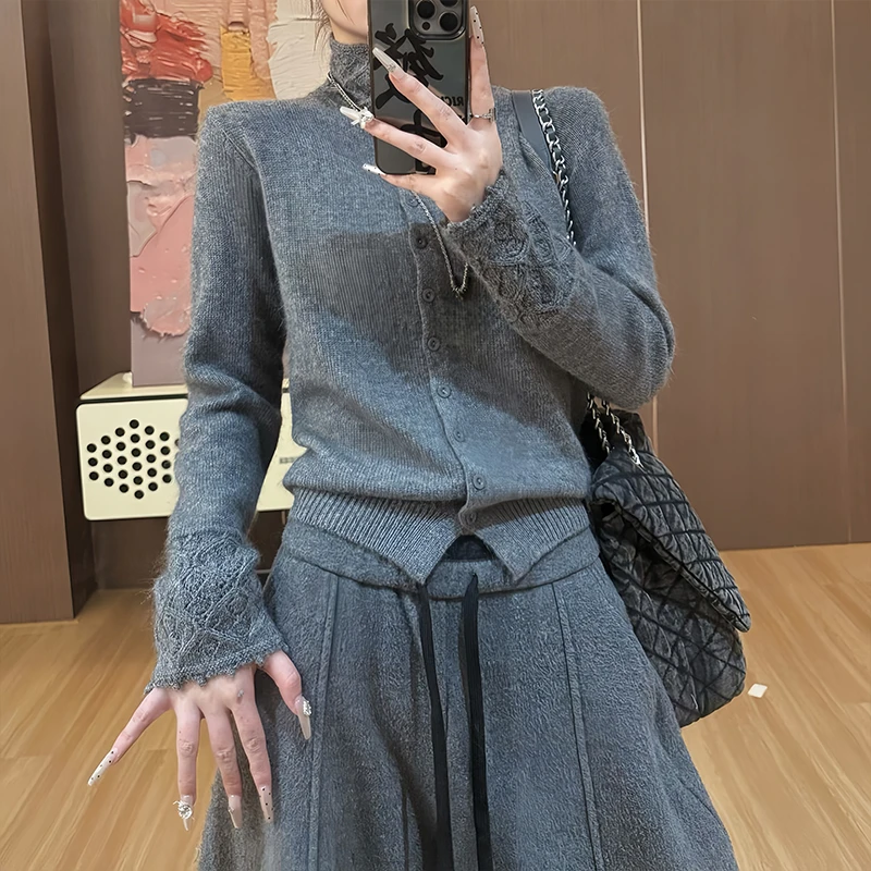 小众纯色针织开衫女2025秋冬季高领短款单排扣软糯通勤日常精致