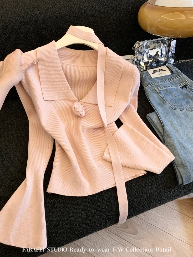 粉色立体花朵翻领针织衫女秋冬款喇叭长袖打底衫辣妹挂脖飘带上衣