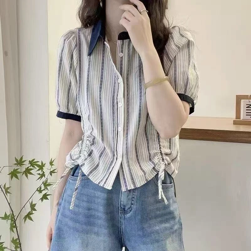 竖条纹翻领短袖衬衫女欧洲站夏装2025新款宽松显瘦时尚洋气小衫潮