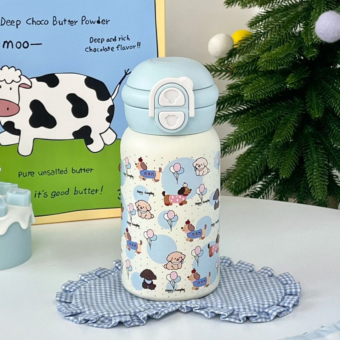 恒度原创波点腊肠狗高颜值316不锈钢保温杯女学生双饮吸管水杯子