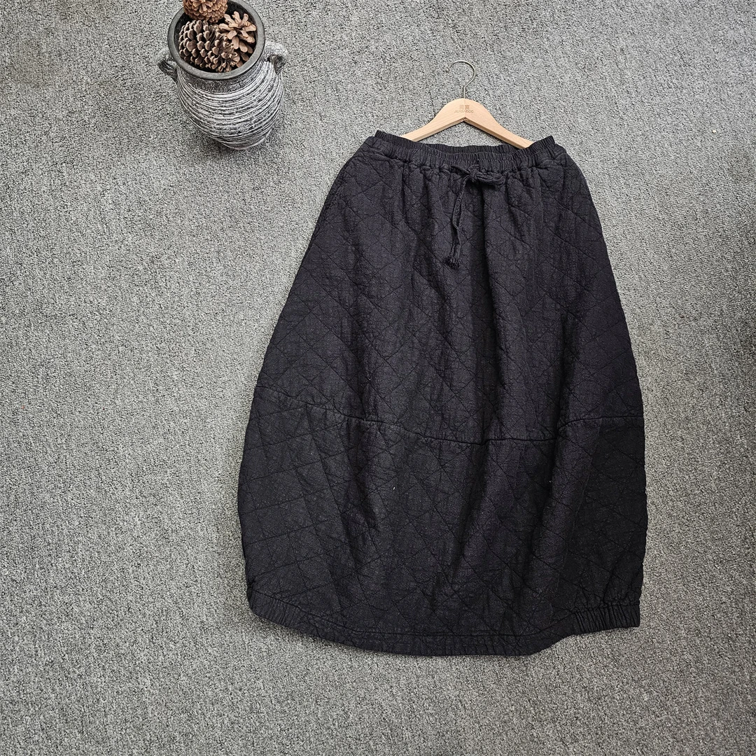 文艺亚麻菱格拼接系带大版休闲夹薄棉半身裙冬季新款下摆松紧长裙