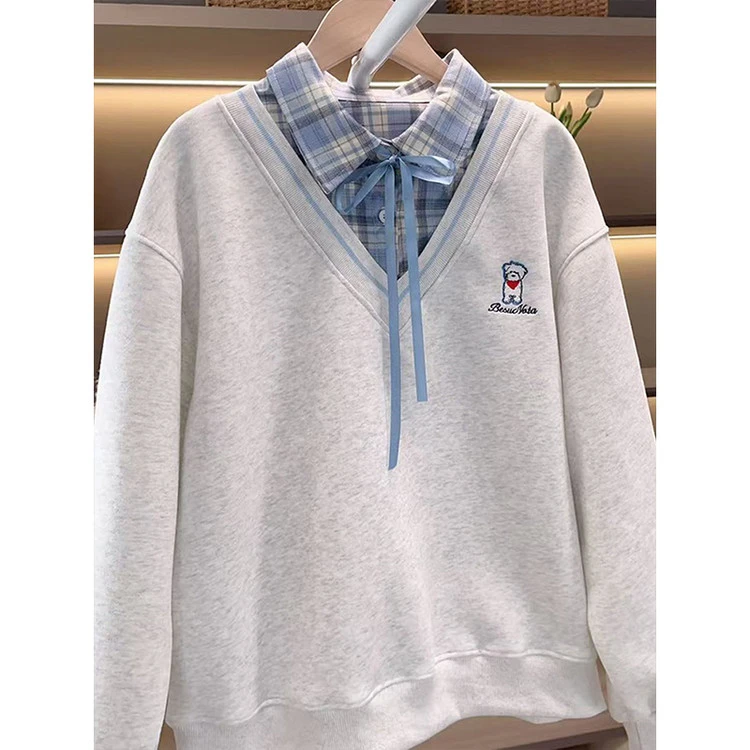 2025春款新款女童假两件甜美娃娃领韩版中大儿童卫衣春季上衣百搭