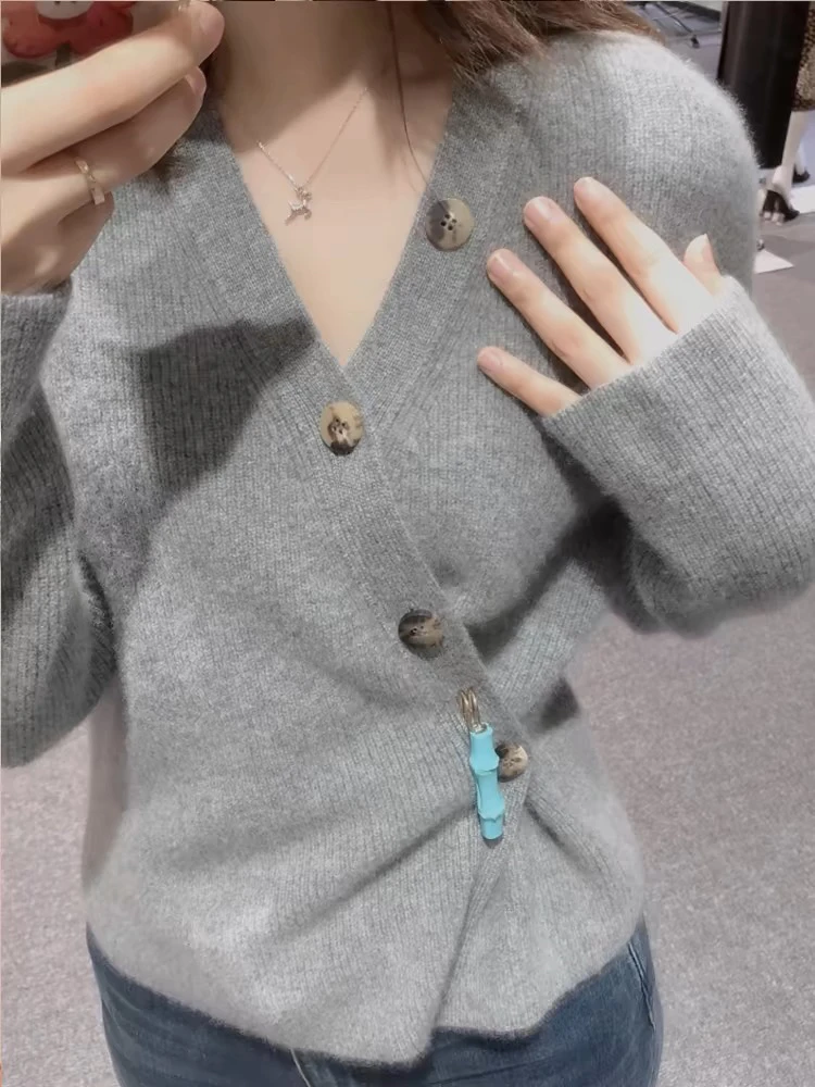 E家大表姐同款~设计感羊绒开衫女加厚斜扣外套V领针织高端毛衣