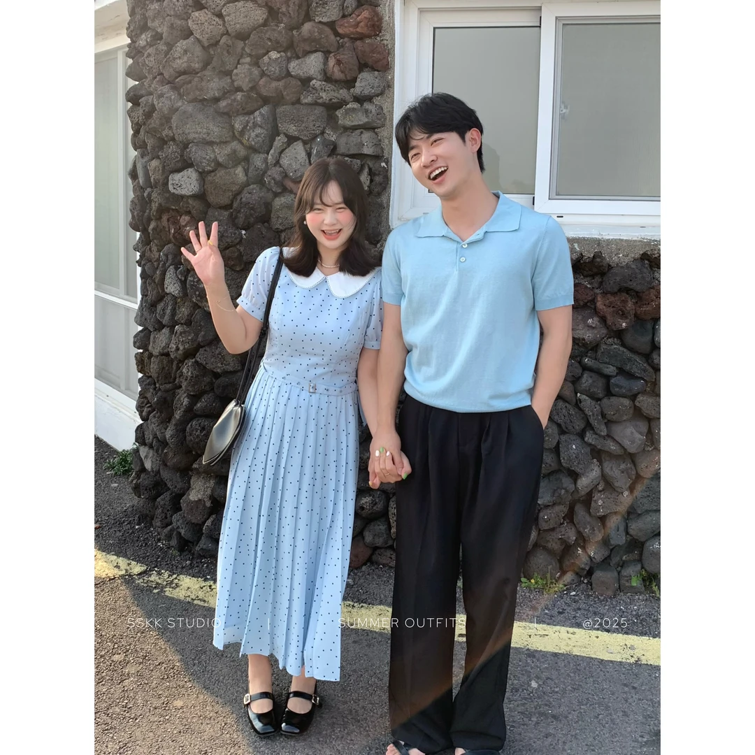 KMZY/KMZY山_山【甜心韩妹】微胖韩版减龄气质翻领波点印花连衣裙女