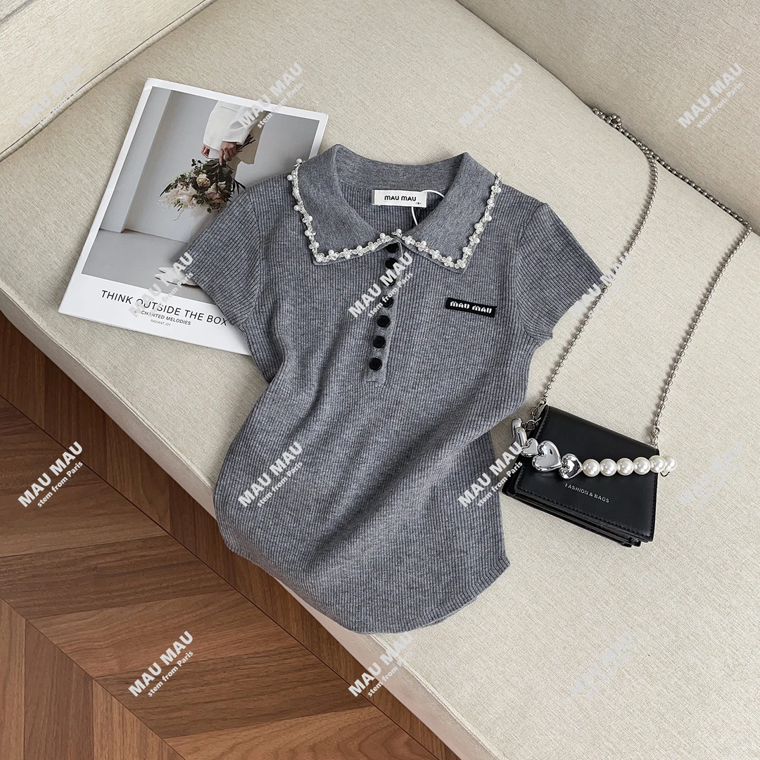 2025夏季甜美娃娃领条纹针织衫T恤上衣女 DY7635