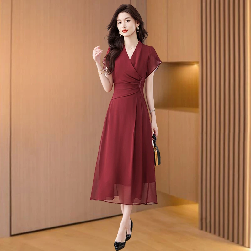 喜婆婆轻奢礼服连衣裙2025夏爆款V领收腰洋气质精致名媛红色裙子