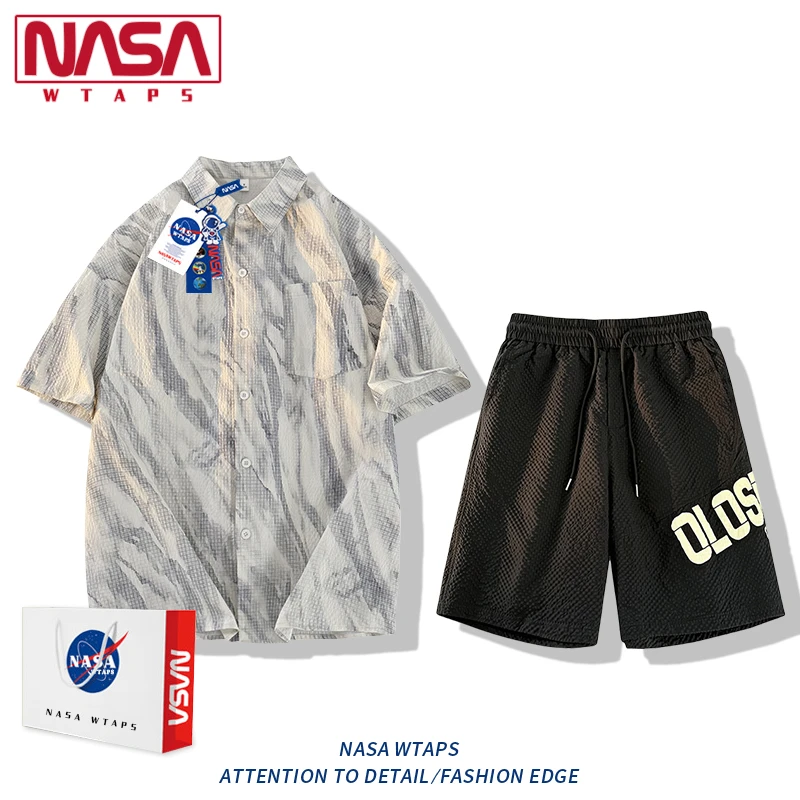NASA WTAPS潮牌短袖衬衫套装男夏季宽松高级感痞帅冰丝衬衣短裤装