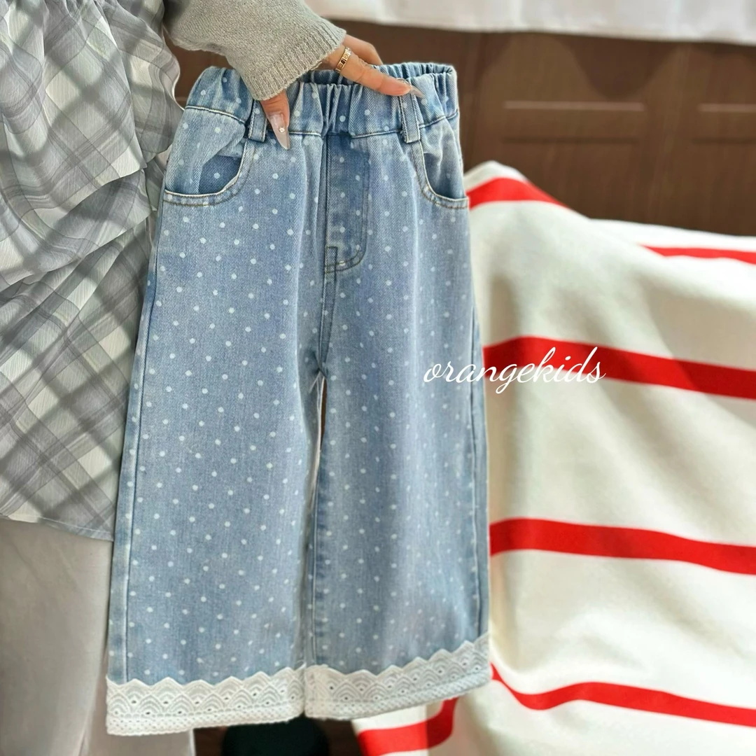 【橘子家】女童软糯圆点牛仔裤2025春季新款蕾丝边蓝色长裤HS61097
