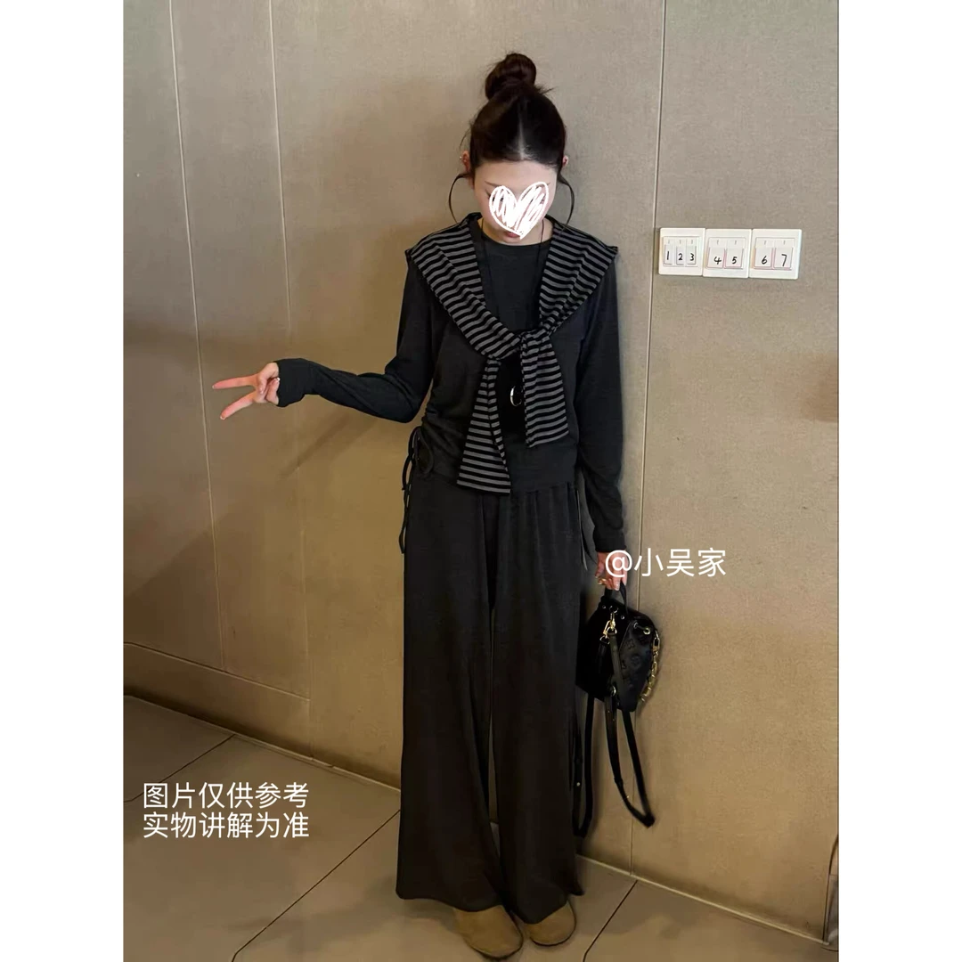 「小吴家」秋一整套女2025年新款设计感披肩条纹卫衣阔腿裤三件套