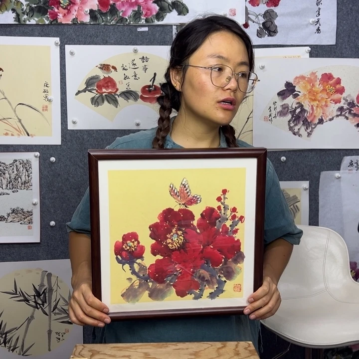 国画手绘带框花开富贵