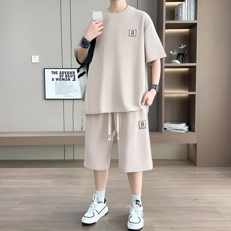 青少年两件套运动服时尚帅气大码半袖圆领T恤男短袖休闲运动套装