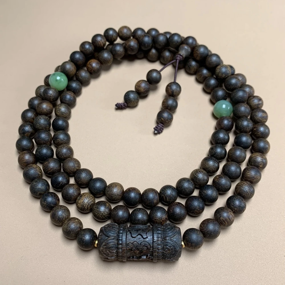 沉水帝王级富森红土金丝瘤疤红油料108颗搭六字箴言沉香木雕