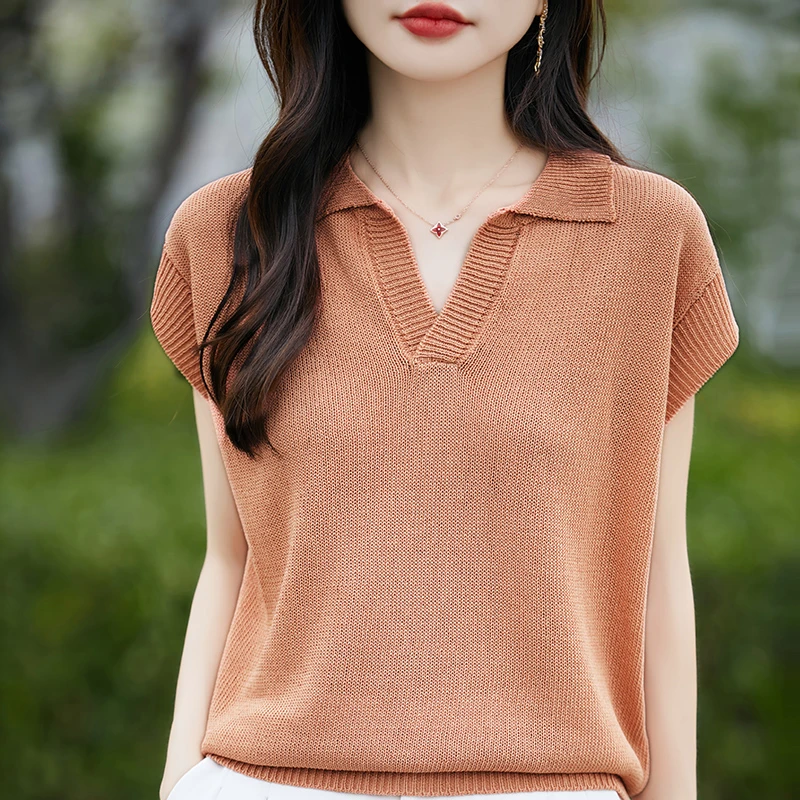 哥弟阿玛施正品会呼吸的针织衫POLO领飞袖女超薄显瘦T恤夏季新款