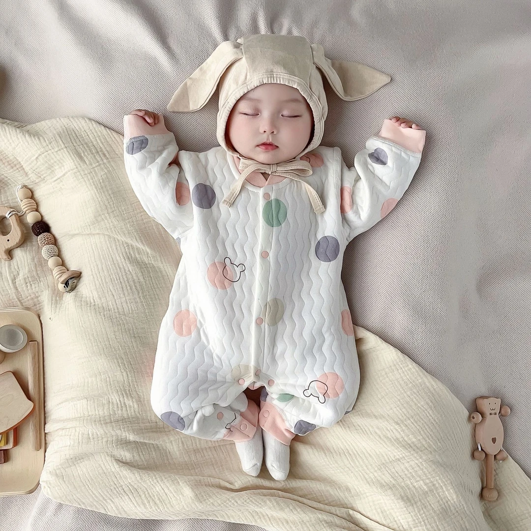 【纯棉A类】春秋款宝宝夹棉连体衣秋冬款婴儿无骨三层保暖外出服